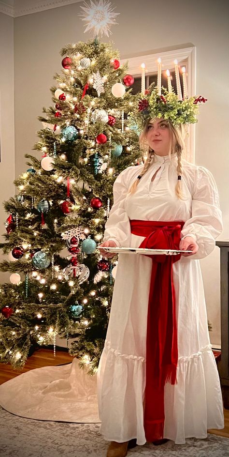 Saint Lucia Costume, Red Fridge, Saint Costume, Swedish Dress, St Lucia Day, Scandinavian Holiday, Character Challenge, Swedish Clothing, Cultural Dress