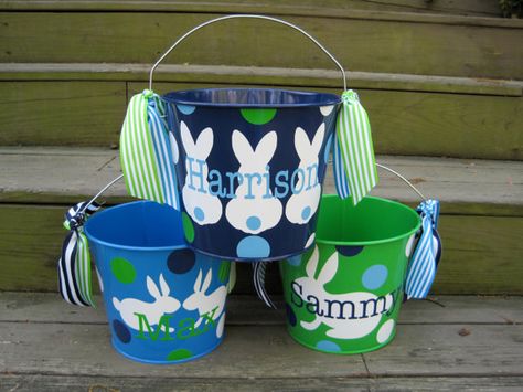 Personalized Easter Bucket 5 QT assorted colors by twosisters76 Painted Buckets, Easter Pail, Personalized Easter Bucket, Holiday Crafts Gifts, Easter Buckets, Monogram Ideas, Personalized Easter Basket, Easter Time, Boys Easter