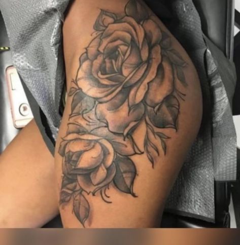 Tattoo Ideas For Women Arm Sleeve, Front Thigh Tattoos Black Women, Woman’s Tatoos, Upper Arm Rose Tattoos For Women, Thi Tattoos, Roses Sleeve Tattoo Women, Tattoo Ideas Female On Thigh, Rose Chest Tattoos Female, Side Hip Tattoos Unique