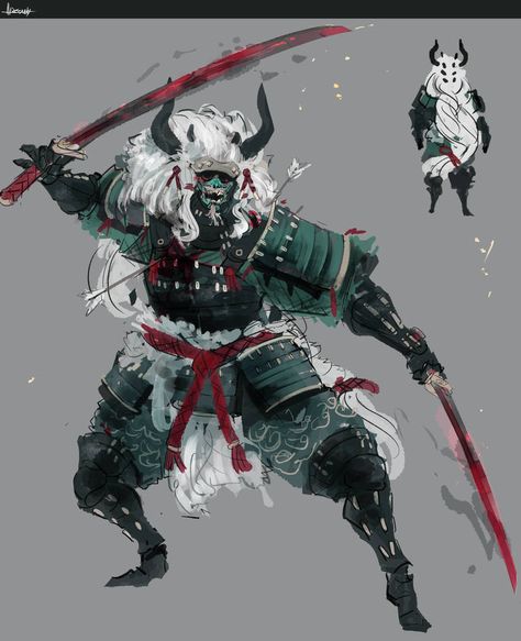 Fantasy Samurai Art, Fantasy Samurai Armor, Samurai Rpg Character, Modern Samurai Concept, Japanese Warrior Drawing, Oni Concept Art, Samurai Armor Art, Ronin Character Design, Japanese Character Art