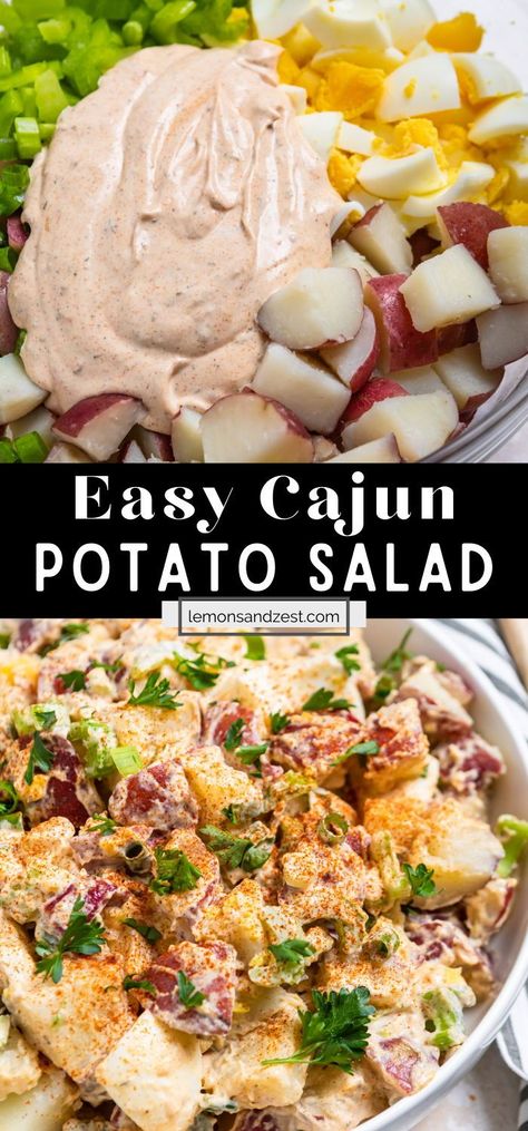 Kick up your classic recipe with this Cajun Potato Salad. Packed with eggs, crunchy celery and a rich, creamy dressing with a simple homemade cajun seasoning. Only a few minutes to toss together and perfect for any BBQ or dinner party in the warm weather. Louisiana Potato Salad Recipe, Cold Potatoes Recipes, Fried Potato Salad Recipes, Summer Southern Food, Cajun Salad Recipes, Cajun Vegetables, Cajun Sides, Cajun Side Dishes, Hot Potato Salad Recipe