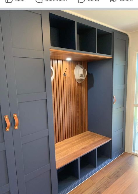 Mudroom With Coat Closet, Front Entryway Built In Ideas, Coatroom Ideas, Entrance Storage Cabinet, Mudroom Corner Ideas, Mudroom With Wallpaper, Bootroom Hallway, Hall Wardrobe Ideas, Front Door Storage Entryway