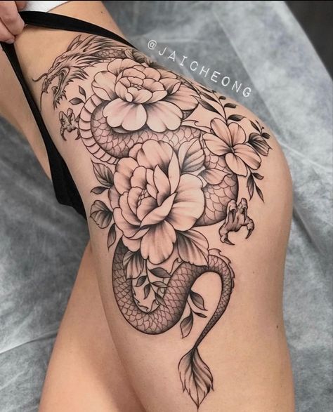 Dragon Tattoo With Flowers For Women Leg, Dragon Tattoo Legs Women, Hip Buttocks Tattoos Women, Dragon Tattoo Side Thigh, Thigh Dragon Tattoo For Women, Woman Side Tattoo, Side Thigh Tattoos Women Baddie, Full Thigh Tattoo Women, Thigh Tattoos Women Dragon