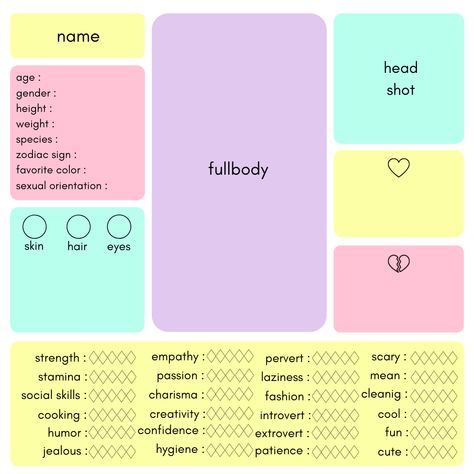 Oc Design Template, My Oc Card Template, Oc Making Template, Oc Chart Art, Characters Sheet Template, Vtuber Sheet Template, Oc Character Chart, Get To Know My Oc Template, Six Characters Challenge Template