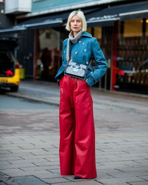 Copenhagen Street Style FW20 Red Pants Outfit, Red Wide Leg Pants, Europe Street, Wide Leg Pants Outfit, Leg Pants Outfit, Copenhagen Style, Copenhagen Fashion Week, Autumn Street Style, Red Pants