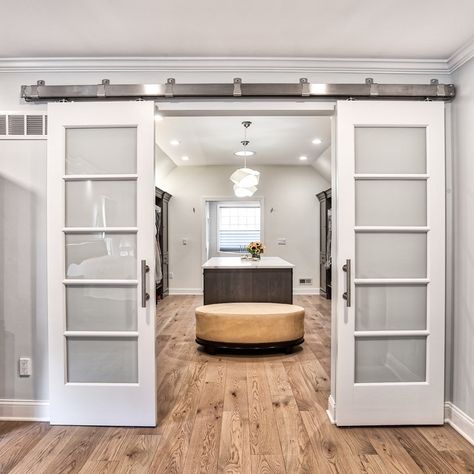 75 Closet Ideas You'll Love - April, 2024 | Houzz Bedroom Closet Door Ideas, Modern Closet Designs, Closet Door Ideas, Transitional Closet, Double Closet Doors, Bedroom Barn Door, Bedroom Closet Doors, Double Sliding Barn Doors, Creative Closets