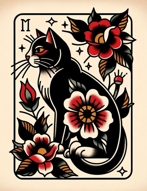 Coverup Tattoo Ideas Traditional, American Traditional Tattoo Aesthetic, Neo American Traditional Tattoo Black And White, American Traditional Ideas, American Traditional Tattoos Mexican, Traditional Colored Tattoos, Black Cat American Traditional Tattoo, American Traditional Wall Art, Neo Traditional Sun And Moon Tattoo