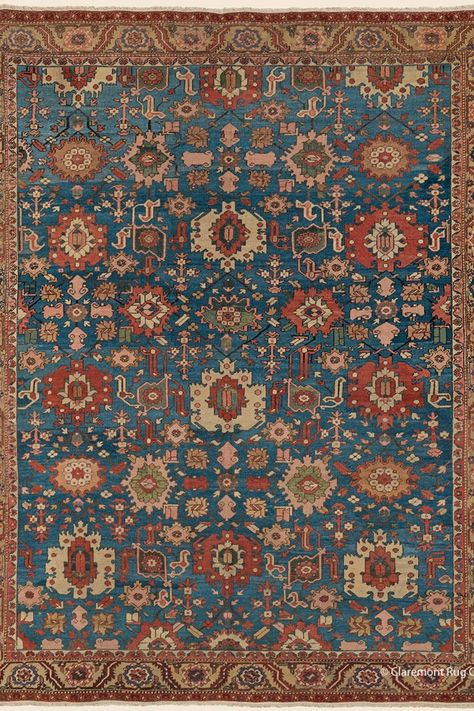 This vibrant 130-140-year-old Serapi Heriz epitomizes the joyful, celebrative artistry of this beloved village rug design, here executed with an inspired and dexterous use of abrash color striation. The progression of prized mid-tone blues transitions through glowing aquamarine, sapphire blue, denim and cobalt tones, enchanting the viewer with its sense of continual movement and palpable depth. SERAPI HERIZ NORTHWEST PERSIAN ANTIQUE CARPET 10' 3" x 12' 4" (312cm x 376cm) — Late 19th Century Antique Rugs Persian Carpet, Rugs Persian, Persian Rug Designs, Persian Carpets, Serapi Rug, Iranian Art, Rug Guide, Antique Persian Rug, Rug Company