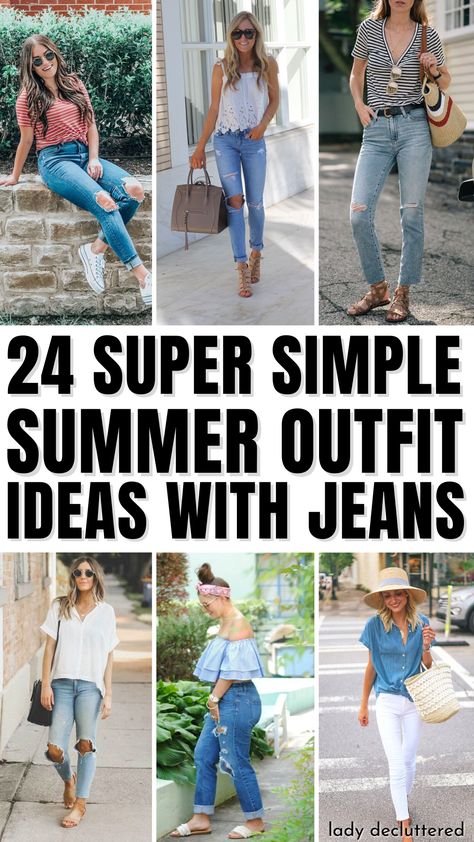 24 Super Simple Summer Outfit Ideas with Jeans Hot Weather Jeans Outfit, Super Casual Date Outfit, Summer Breakfast Outfits Casual, Cute Summer Evening Outfits, Summer Movie Date Outfit Casual, How To Style Jeans In Summer, Casual Weekend Outfits For Women Summer, Summer Fashion Jeans, Jeans In Summer Outfit