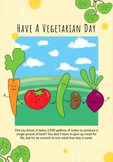 This Print Ready Environmental themed Poster template features Illustration and information about Vegetarian Day and importance of vegetable consumption. Take a printout and hang on to your walls. You can also share the template in your social media and show your support to Go Green. Healthy Environment Poster, Vegetarian Poster, Vegetarian Infographic, Eat Healthy Stay Healthy Poster Drawing, Food Waste Illustration Poster, Easy Dinosaur Drawing, Environment Poster, Vegetarian Day, Dinosaur Drawing