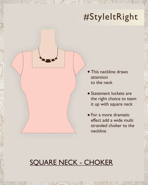 Square Neckline This neckline draws attention to the neck. Statement lockets are the right choice to team it up with. For a more dramatic effect, add a wide multi stranded choker to the neckline. #StyleItRight #squareneck #choker necklacestrand #necklace #neckline #matchjewellery #jewellerystyling Square Neckline Prom Dress, Necklace For Neckline, Square Neckline Dress, Dresses By Pattern, Shoulder Dresses, Grunge Dress, Off Shoulder Dresses, Neck Choker, Wear Necklaces