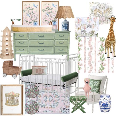 Pink Green And Blue Nursery, Grey Walls Nursery, Pink And Blue Chinoiserie Bedroom, Grandmillenial Nursery Ideas, Morris And Co Nursery, Charleston Nursery, Light Blue And Green Nursery, Pink Chinoiserie Nursery, Feminine Blue Nursery