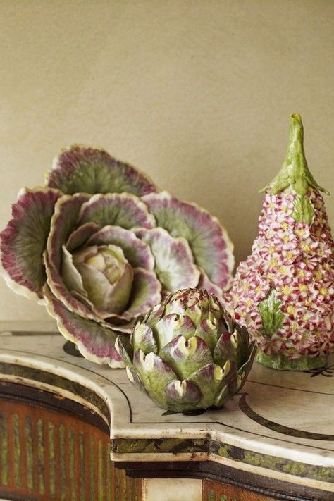 Vegetable Ceramics, Ceramic Food Sculpture, Artichoke Ceramic, Ceramic Vegetables, Glass Vegetables, Ceramic Artichoke, Cabbage Ware, Majolica Green, Texture Ceramic