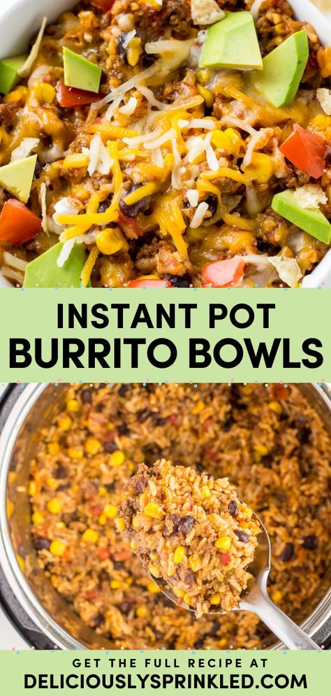 A ground beef recipe for dinner in the pressure cooker! You'll love these Instant Pot Burrito Bowls. They're an easy weeknight meal with your favorite burrito flavors minus the tortilla! They're also great to make ahead for a simple lunch idea! American Recipes, Instant Pot Burrito Bowl, Instant Pot Burrito, Pressure Cooker Recipes Chicken, Beef Recipe Instant Pot, Burrito Bowls Recipe, Healthy Ground Beef, Thanksgiving Dinner Recipes, Burrito Bowls