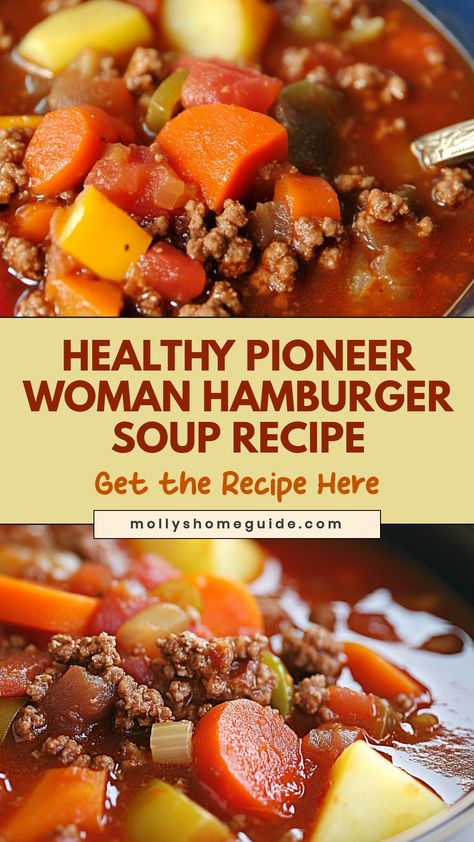 Looking for a hearty and delicious soup recipe? Try the Pioneer Woman's famous hamburger soup! This recipe is easy to follow and perfect for a cozy night in. Packed with ground beef, vegetables, and savory flavors, this soup will warm you up from the inside out. It's a family-friendly meal that everyone will love. Make a big batch and enjoy leftovers throughout the week! Check out The Pioneer Woman's website for the step-by-step instructions to create this comforting dish. Hearty Ground Beef Soup Recipes, Vegetable Beef Soup Recipes With Hamburger, Crockpot Soup Recipes Ground Beef, Vegetable Soup With Hamburger Meat, Soups Made With Hamburger, Healthy Soup With Ground Beef, Easy Vegetable Soup With Ground Beef, Soup Made With Ground Beef, Leftover Hamburger Recipes