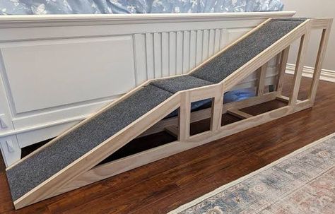 Dog Bed With Ramp, Ramp For Dogs To Get On Bed, Diy Pet Ramp For Bed, Dog Stairs For Bed Diy, Diy Dog Steps For Bed, Diy Dog Ramp For Bed, Dog Bed Steps, Dog Ramp For Stairs, Dog Ramp Diy