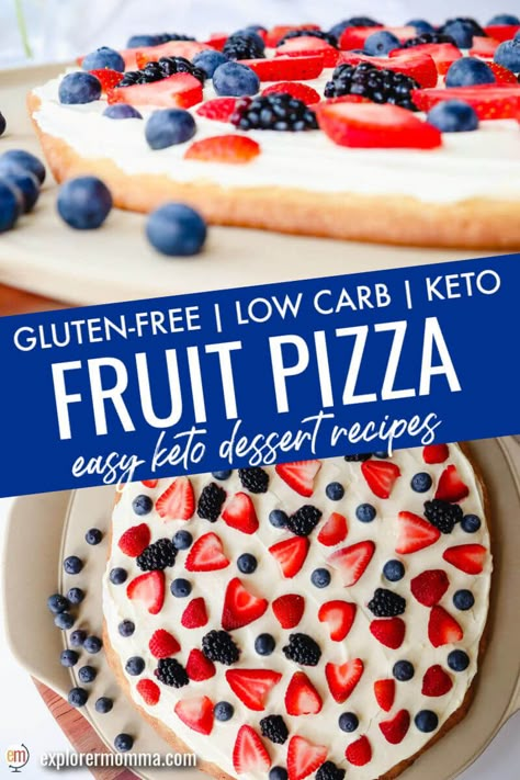 Fruit Pizza Keto, Keto Fruit Pizza Low Carb, Keto Fruit Dessert Recipes, Keto Dessert Pizza, Keto Fruit Dessert, Low Carb Fruit Pizza, Dessert For Diabetics, Healthy Dessert Pizza, Gfdf Recipes