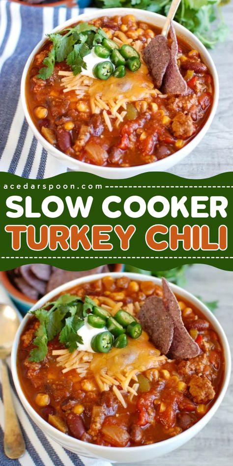 Looking for a fall comfort food for dinner? Check out thi hearty, flavorful slow-cooker Turkey Chili Recipe! Learn how to make slow cooker turkey chili and enjoy a comforting, effortless dish that's sure to pleasure! Pin this easy slow cooker recipe for later! Slow Cooker Turkey Chili Recipe, Turkey Chili Recipe Crockpot, Slow Cooker Turkey Chili, Recipe Crockpot, Chili Recipe Turkey, Chili Recipe Crockpot, Slow Cooker Turkey, Crockpot Chili, Chilli Recipes