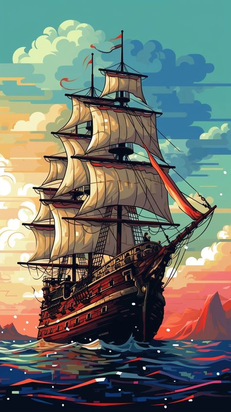 Old Ships At Sea, Old Ship Drawing, Ghost Ship Art, Ship Drawings, Pirate Ship Drawing, Ship Wallpaper, Ships At Sea, Pirate Ship Art, Navi A Vela