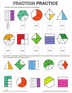 Kids practice coloring shapes according to the fractions given to help them see how fractions are part of a whole. Fraction Worksheet, Math Fractions Worksheets, Education Printables, Worksheet Math, 3rd Grade Fractions, Fraction Activities, Math Sheets, Kids Worksheets, 2nd Grade Math Worksheets