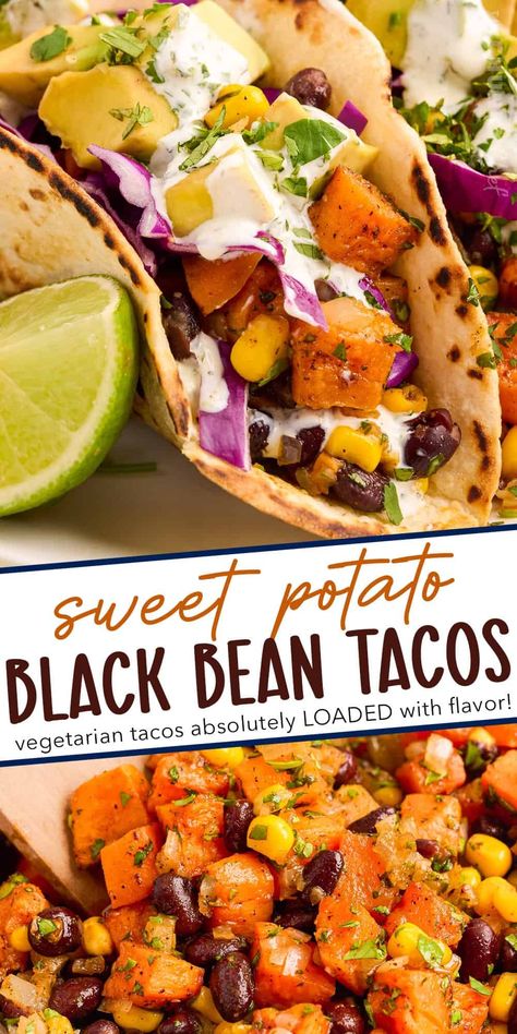 Sweet Potato and Black Bean Tacos - The Chunky Chef Potato And Black Bean Tacos, Sweet Potato And Black Bean, The Chunky Chef, Chunky Chef, Sweet Potato Tacos, Black Bean Tacos, Potato Tacos, Sweet Potato Black Beans, Bean Tacos