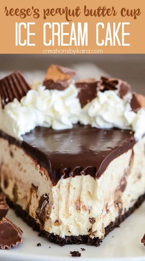 With an Oreo crust, homemade peanut butter ice cream, chocolate ganache, and plenty of peanut butter cups, this REESE'S ICE CREAM CAKE RECIPE is the ultimate frozen treat for peanut butter lovers! #reesesicecreamcake #peanutbuttericecreamcake @Creations by Kara Reese Cup Ice Cream Cake, Recess Ice Cream Cake, Reese’s Cup Ice Cream Cake, Reese Ice Cream Cake, Peanut Butter Cup Ice Cream Cake, Reese’s Ice Cream Cake, Reese’s Cheesecake, Reeses Ice Cream Cake, Ice Cream Cakes Homemade