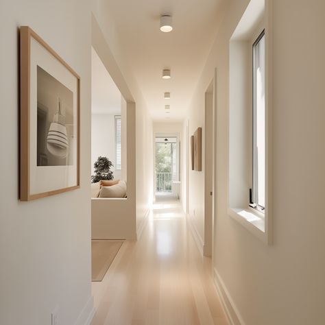 Paint Ideas for Your Hallway - Samplize Blog Hallway White Walls, White Walls Coloured Trim, Neutral Hallway Paint Colors, Cream Hallway Ideas, Colour Drench Hallway, Hallway And Stairs Ideas Paint Colors, Dulux Hallway Colours, Bright Hallway Ideas, Neutral Hallway Ideas