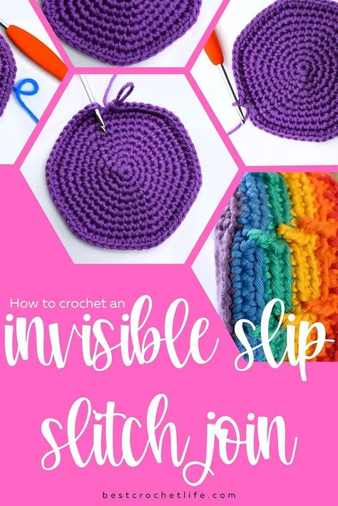 How to Crochet An Invisible Slip Stitch Join - Best Crochet Life Invisible Slip Stitch Crochet, Invisible Join In Crochet, Invisible Join Crochet, How To Do An Invisible Join In Crochet, Crochet Invisible Join In The Round, Invisible Sewing Stitch Crochet, Invisible Single Crochet Decrease, Invisible Join, Slip Stitch Crochet