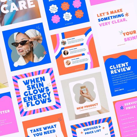 Vibrant Canva Instagram post templates in pink, blue, and orange. Perfect for promoting your brand, product, or #Social_Template_Design #Branded_Instagram_Posts #Bright_Social_Media_Design #Fun_Instagram_Templates Bright Social Media Design, Fun Instagram Templates, Social Template Design, Insta Design Post, Colorful Social Media Design, Instagram Feed Examples, Creatives For Social Media, Creative Instagram Posts, Bright Graphic Design