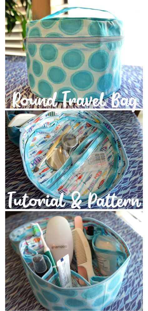 DIY Round Makeup Travel Case Sewing Tutorial Travel Sewing Kit Diy Free Pattern, Travel Sewing Projects, Makeup Pouch Diy, Diy Toiletries, Sewing Kits Diy, Travel Sewing Kit, Round Makeup, Diy Travel Bag, Travel Free