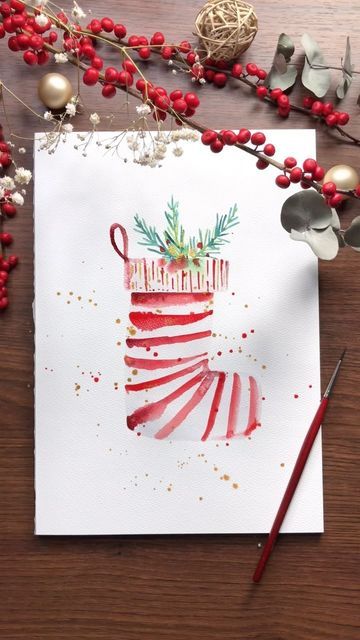 Natal, Watercolour Inspiration Christmas, Hand Painted Holiday Cards, Christmas Card Watercolor Easy, Painting Subjects Inspiration, Watercolour Xmas Card Ideas, Watercolor Christmas Tree Simple, Hand Painted Xmas Cards, How To Watercolor Christmas Cards