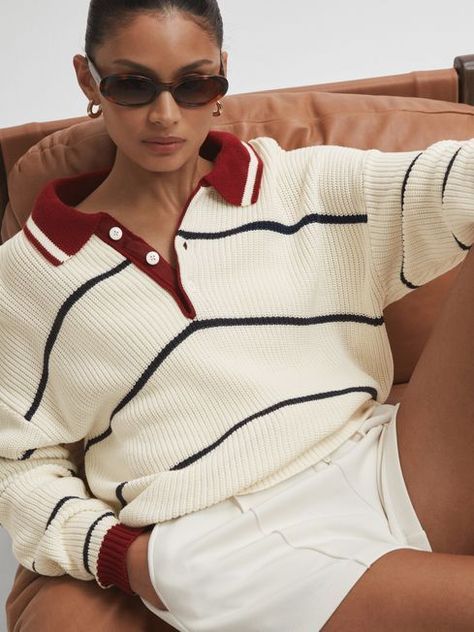 Cable Knit Polo Sweater, Stripe Knit Outfit, Oversized Polo Outfit Women, Knit Trends, Polo Outfits For Women, Oversized Outfits, Oversize Outfit, Polo Jumper, Knit Stripes