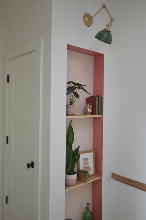 Wall Recess Ideas Hallway, Niche Shelves Bathroom, Shelves In Drywall, Floating Shelves In Wall Niche, Living Room Recessed Wall, Recess Wall Ideas, Recessed Shelves Bedroom, Entryway Niche Ideas, Inset Shelves In Wall Living Room