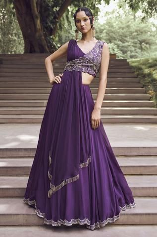 Shop for Charu and Vasundhara Purple Tussar Rupanzel Draped Jacket And Lehenga Set for Women Online at Aza Fashions Tissue Lehenga, Blouse Organza, Jacket Lehenga, Draped Jacket, Lehenga Designs Simple, Choli Designs, Indian Dresses Traditional, Traditional Indian Outfits, Indian Gowns Dresses