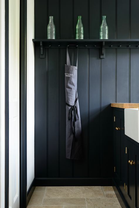 'Pantry Blue' tongue and groove panelling and a beautifully simple Shaker Peg Rail Shelf with lovely Country Mixed Tumbled Travertine floor from our sister company @floorsofstone Shaker Peg Rail, Bench With Shelf, Tongue And Groove Walls, Tongue And Groove Panelling, Painting Wood Paneling, Farmhouse Bench, Travertine Floors, Boot Room, Painted Paneling