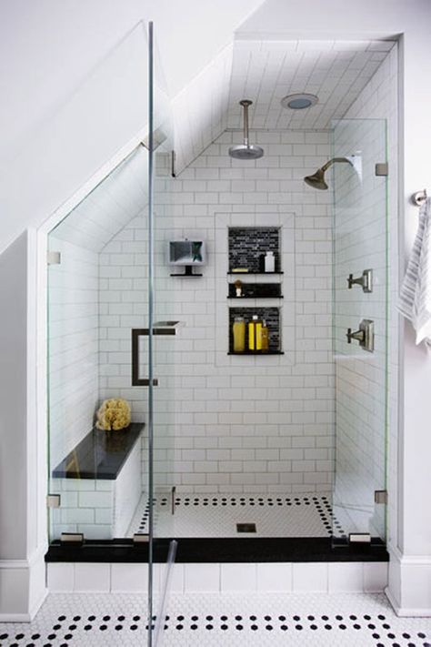 Photos via: This Old House Love the attention to detail in this stunning master bath remodel. Dat shower... Design Seed, Bilik Air, Loft Bathroom, Attic Bathroom, Attic Renovation, Attic Remodel, Master Bath Remodel, Basement Bathroom, Bad Design