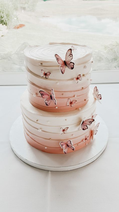 We made this 2-tiered ombré wavy butterfly cake for a bridal shower! It’s also perfect for birthdays, baptisms and baby showers! Cake Designs 2 Tier Birthday, Bridal Shower Cake Decorations, Cake Designs Ombre, Butterfly Tier Cake, Butterfly Theme Cake 2 Tier, Butterfly Tiered Cake, 2 Tier Birthday Cake Ideas, 2 Tier 21st Birthday Cake, Two Tier Butterfly Cake