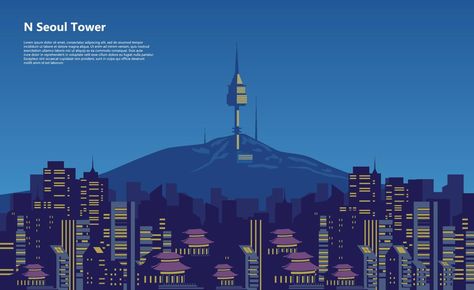 City scape n seoul tower korea vector flat design illustration Graphic City Illustration, Seoul Illustration, Korea Illustration, N Seoul Tower, Seoul Tower, Korea Design, City Silhouette, Flat Design Illustration, City Scape