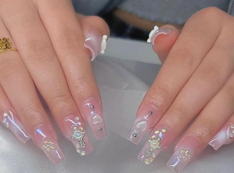 Erika Titus Nails, Nails Chrome Hearts, Korean Jelly Nails, Chrome Hearts Nails, Erika Titus, Acrylic Nails Toes, Nails Milky, Douyin Nails, Hearts Nails