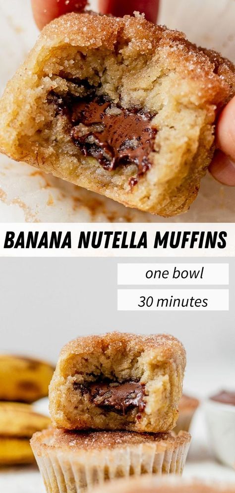 super moist banana muffins stuffed with nutella and a bite taken out so you can see the gooey inside Banana With Nutella, Banana Nutella Dessert Recipes, Banana Nutella Pancakes, Nutella And Banana Recipes, Nutella Banana Cake, Light Banana Muffins, Banana Nutella Recipes, Nutella Dip Recipes, Banana Nutella Bread