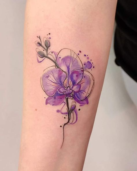 Watercolor Orchid Tattoo, Purple Orchid Tattoo, Orchid Flower Tattoos, Violet Tattoo, February Birth Flower, Flower Tattoo Ideas, Orchid Tattoo, Cross Tattoos For Women, Mother Tattoos