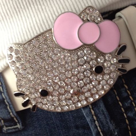 Sparkly Belt Buckle! Hello Kitty Belt Y2k, Hello Kitty Rhinestone Belt, Hello Kitty Belt Buckle, Bb Belt Outfit Girl, Pink Bb Belt, Hello Kitty Belt, Cute Belts, Sparkly Belt, Bb Belt