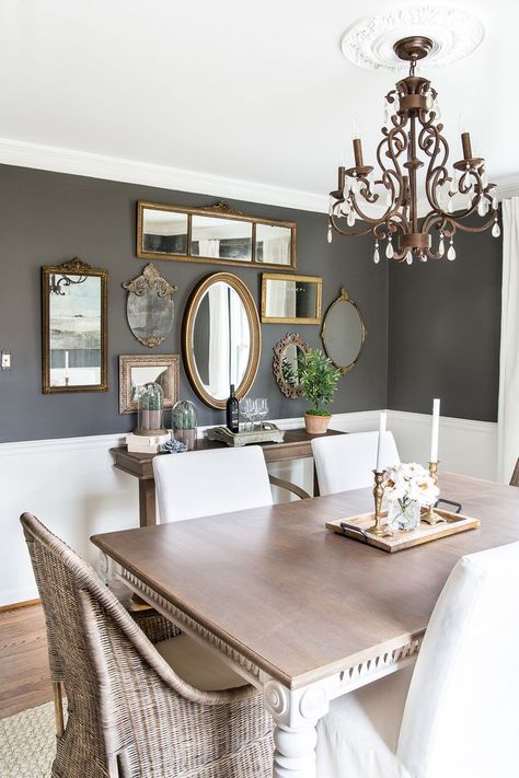 Mirror Gallery Wall Inspiration Modern Eclectic Dining Room, Dining Room Mirror Wall, Dining Room Gallery Wall, Traditional Meets Modern, Farmhouse Style Dining Room, Mirror Gallery, Eclectic Dining Room, Mirror Gallery Wall, Mirror Dining Room