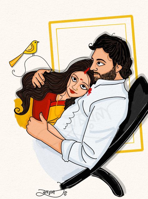 Digital illustration by Suchayana Bengali Couple Sketch, Bengali Illustration, Beans Photography, Bengali Couple, Bengali Art, Wedding Drawing, Story Books Illustrations, Couple Drawing, Couple Sketch