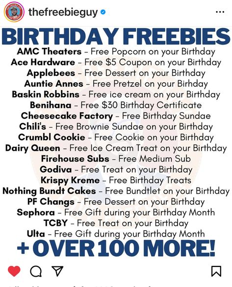 Birthday Month Freebies, Things To Get For Free On Your Birthday, Birthday Rewards Free, Birthday Freebies List 2024, Free Birthday Gifts From Stores, Birthday Freebies 2024, Bday Freebies, Free Stuff On Your Birthday, Freebies On Your Birthday