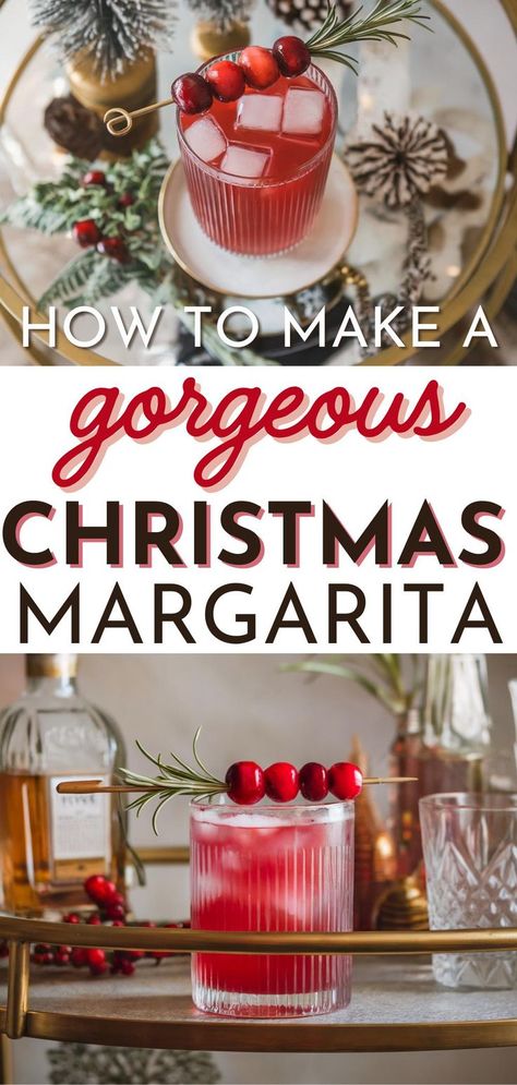 A cranberry Christmas margarita served on a stylish bar cart, featuring a festive garnish ideal for seasonal parties and cocktail lovers. Drinks For Christmas Party, Drinks For Christmas, Holiday Margaritas, Christmas Margarita, Cocktail Recipes Tequila, Cocktails To Make At Home, Cranberry Christmas, Cranberry Margarita, Christmas Cocktail Party