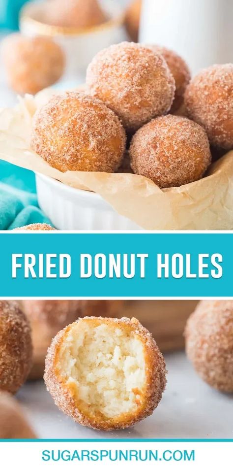 This is an easy, from-scratch, no-yeast donut hole recipe! They make a great quick & easy breakfast treat or snack! These take just minutes to whip up for the best fried donut holes you’ve ever tasted! Doughnut Recipe Without Yeast, Fried Donut Holes, Donut Recipe Without Yeast, Donut Recipe No Yeast, Fried Doughnut Recipe, Dessert Trifles, Easy Donut Holes, Donut Recipe Fried, Deep Fried Donuts