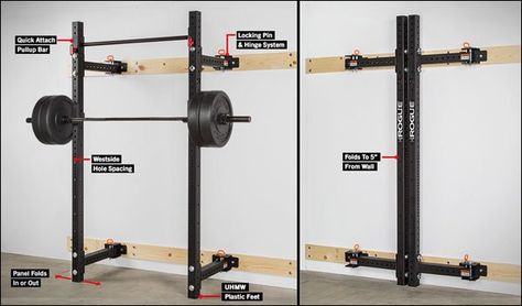 Rogue RML-3W Folding Wall Rack vs all the other folding racks - Rack Buying Guide. Diy Power Rack, Gym Squat Rack, Gym Basement, Home Gym Basement, Home Gym Garage, Diy Home Gym, Basement Gym, Diy Gym, Rogue Fitness