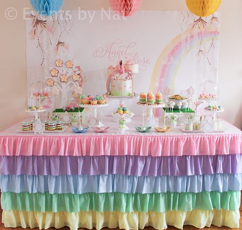 Dessert Table at a Pastel Rainbow Fairy Party #pastel #desserttable 40th Birthday Party Themes, Streamer Party Decorations, Rainbow Fairy, Rainbow Unicorn Party, Rainbow Theme Party, Rainbow Parties, Rainbow Fairies, Fairy Birthday Party, Rainbow Birthday Party