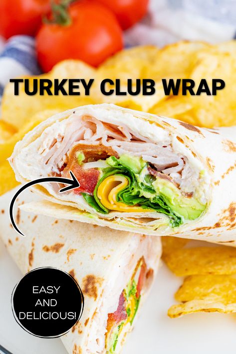 A turkey club wrap cut in half on a white plate with potato chips. Ham And Turkey Lunch Meat Ideas, Lunch Wraps Turkey, Deli Turkey Wraps, Healthy Ham Wraps For Lunch, Cold Wraps Recipes Lunch Ideas, Sliced Turkey Sandwich Recipes, Cold Meat Wraps, Southwest Turkey Wrap, Club Sandwich Wrap